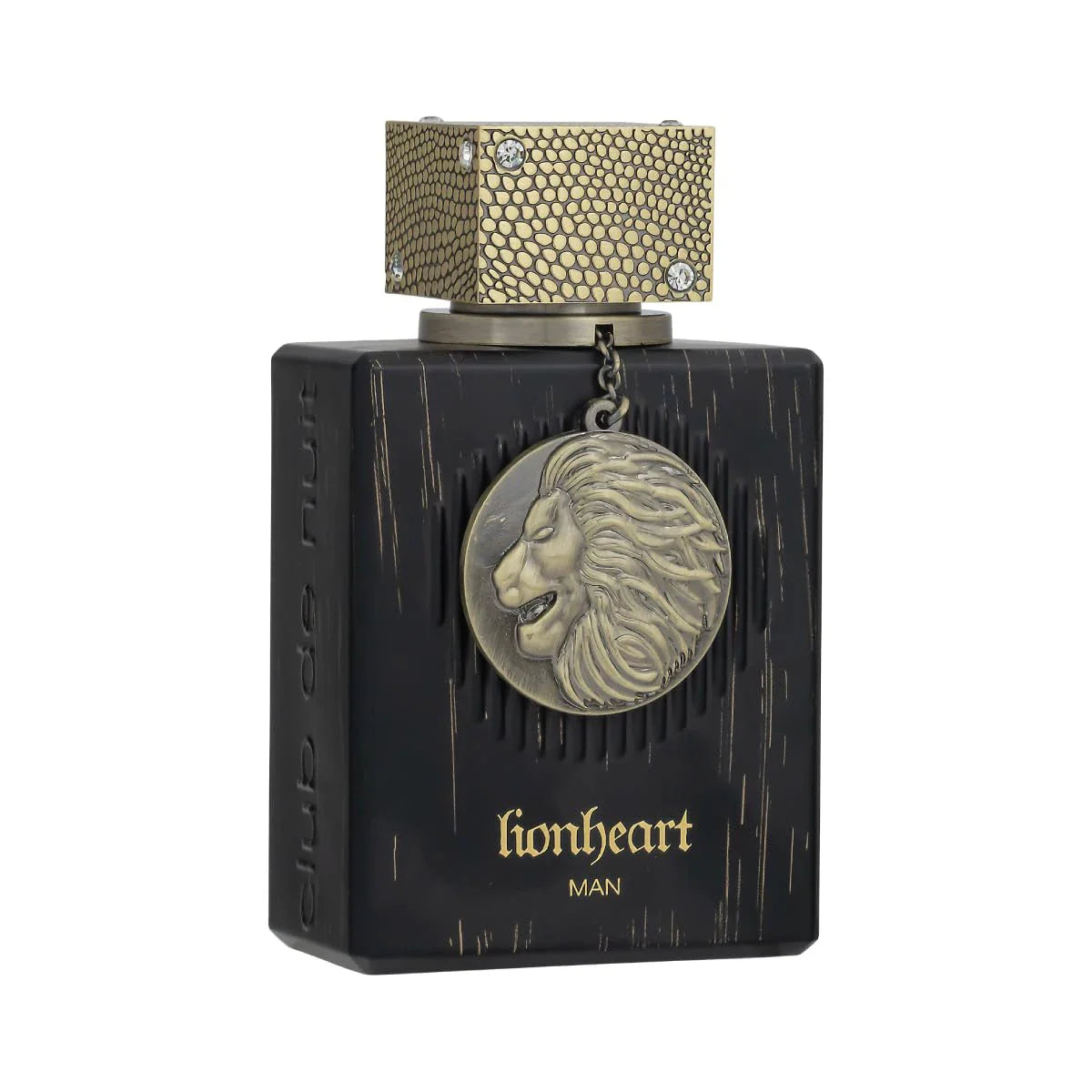 A black rectangular perfume bottle featuring an embossed lion head charm on the front.