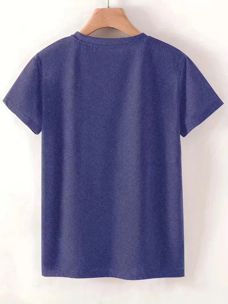 Back view of a plain blue short sleeve t-shirt hanging on a wooden hanger
