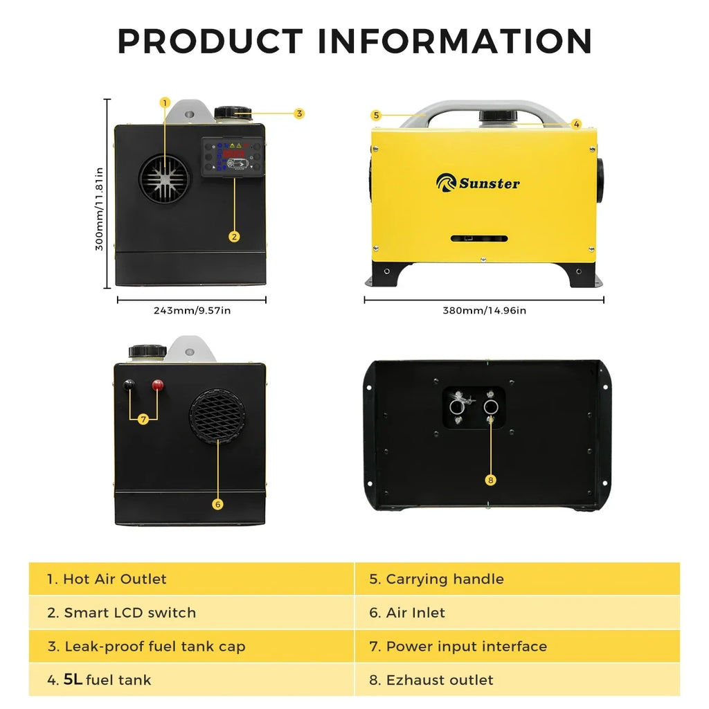 Technical dimension specifications of portable yellow diesel air heater unit