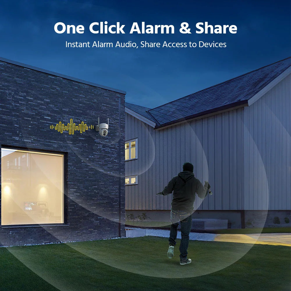 A security camera on a house exterior triggering an alarm for a person in the yard
