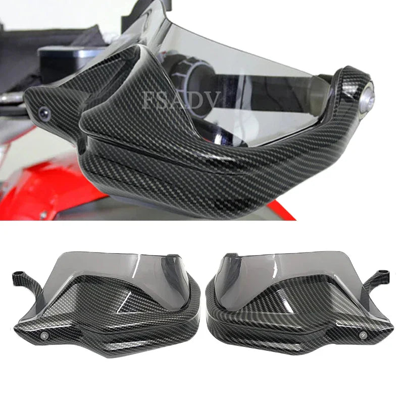 A pair of motorcycle handguard wind deflectors shown in various color options for BMW adventure motorcycles.