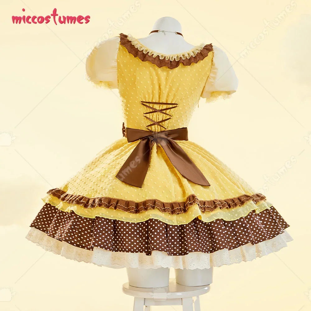 Back view of a yellow and brown Lolita dress with corset-style lace-up detail and a large bow