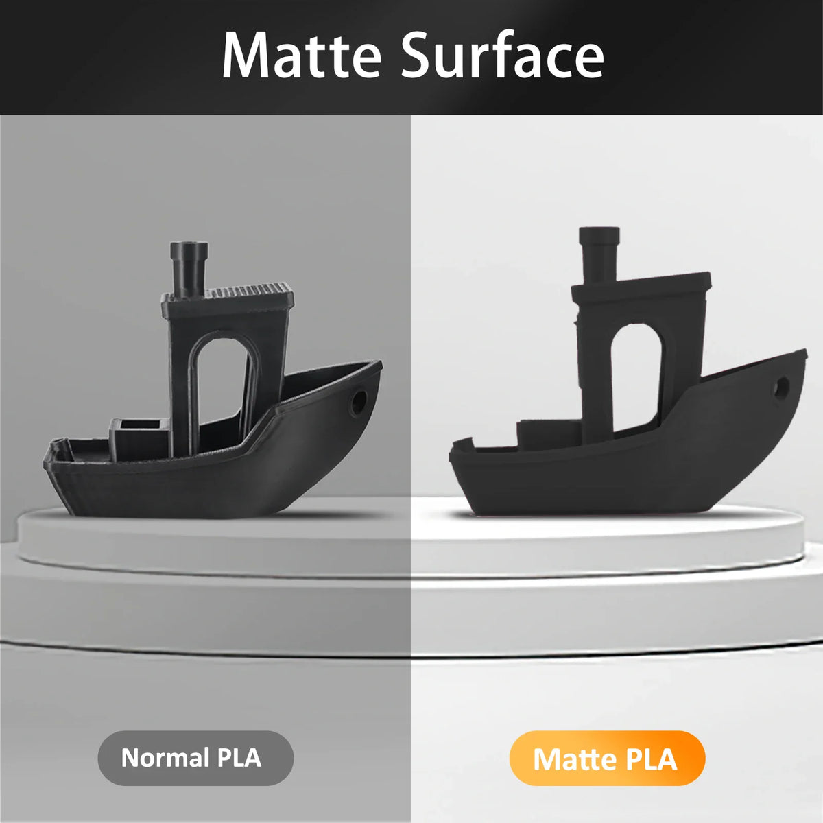 Comparison of 3D printed boats made with standard and matte PLA filament showing matte finish.