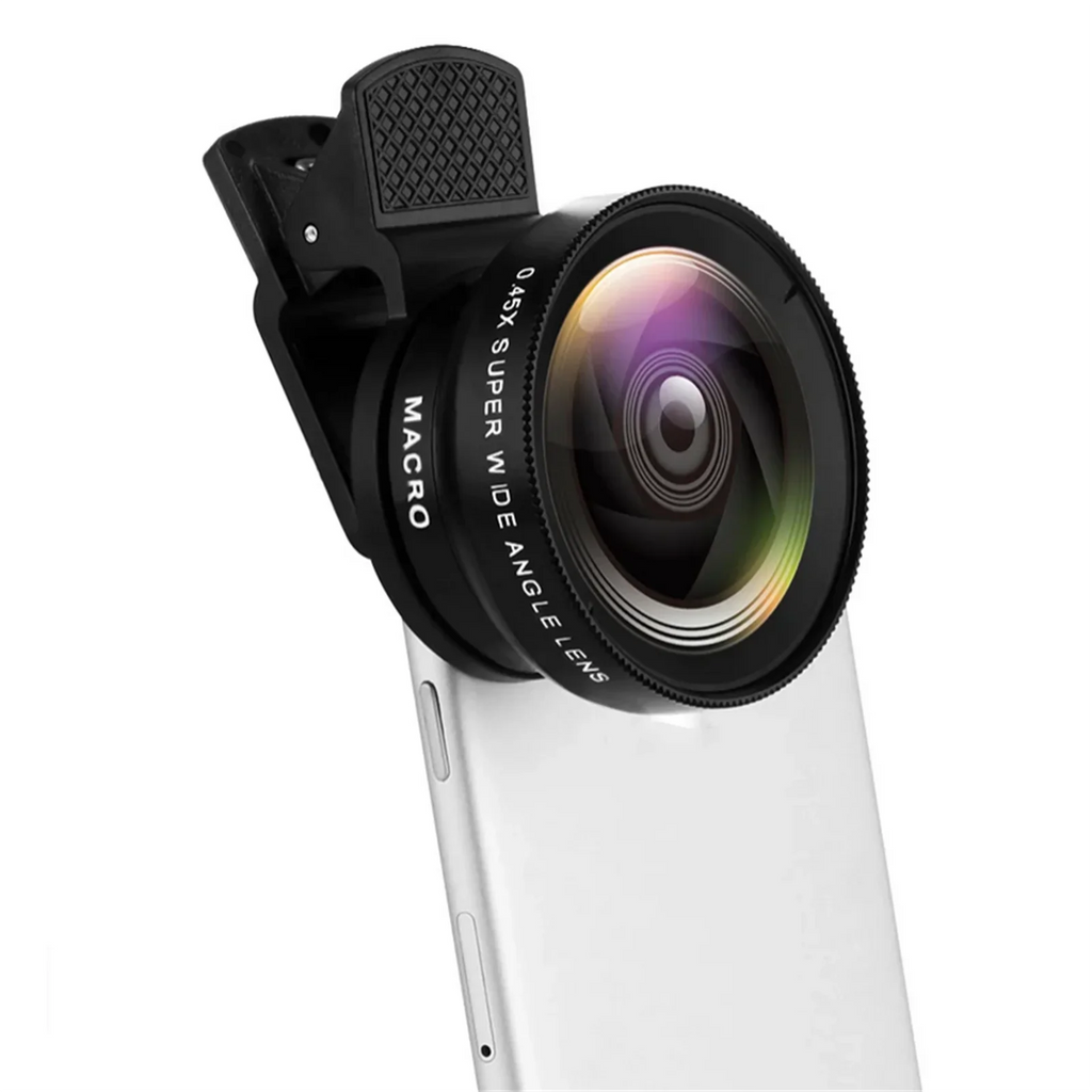 A smartphone fitted with a black clip-on wide-angle and macro camera lens attachment.