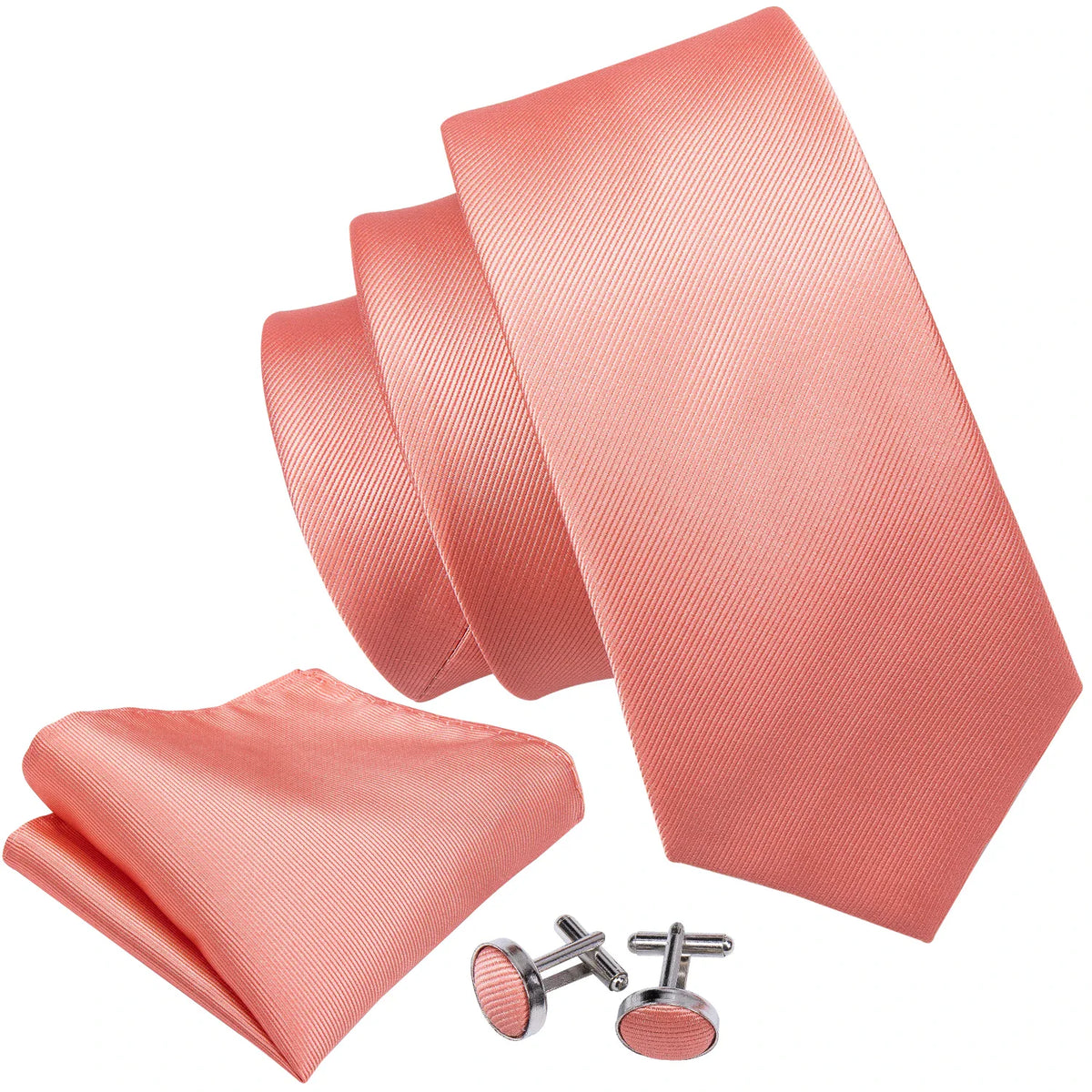 Coral pink necktie with matching pocket square and cufflinks