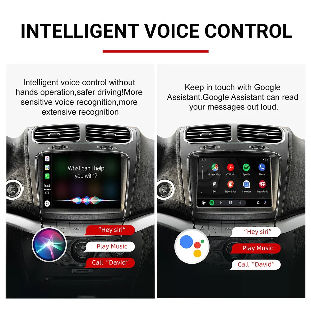 Dashboard screen demonstrating voice assistant commands for CarPlay and Android Auto