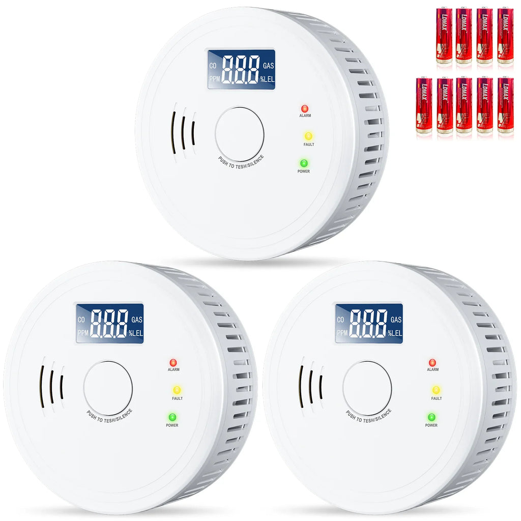 3-pack of round white smoke and carbon monoxide detector units with batteries included