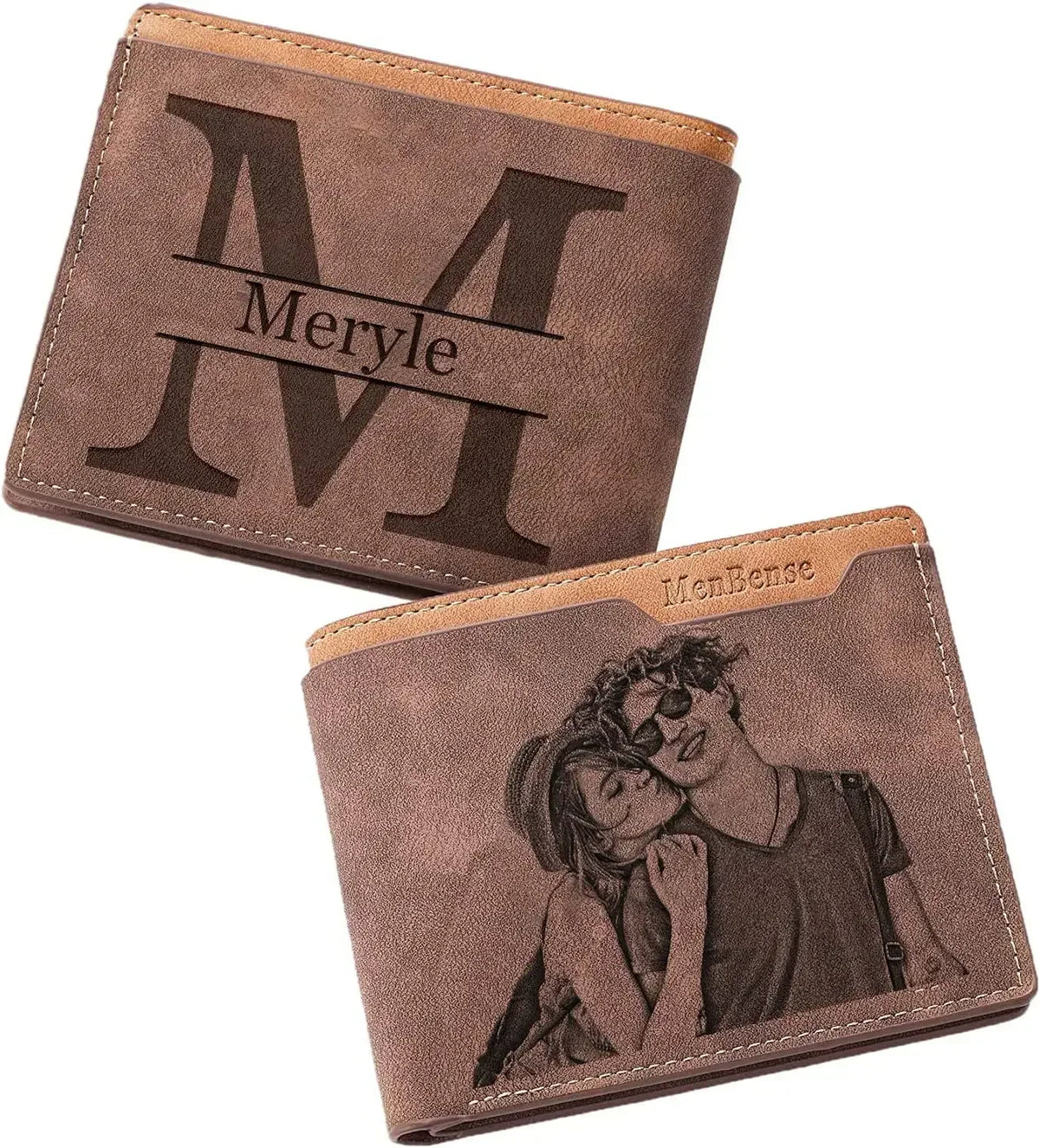 Brown leather personalized photo and name engraved bifold wallet for men