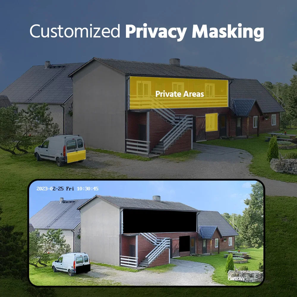 Security camera interface demonstrating customized privacy masking over a house