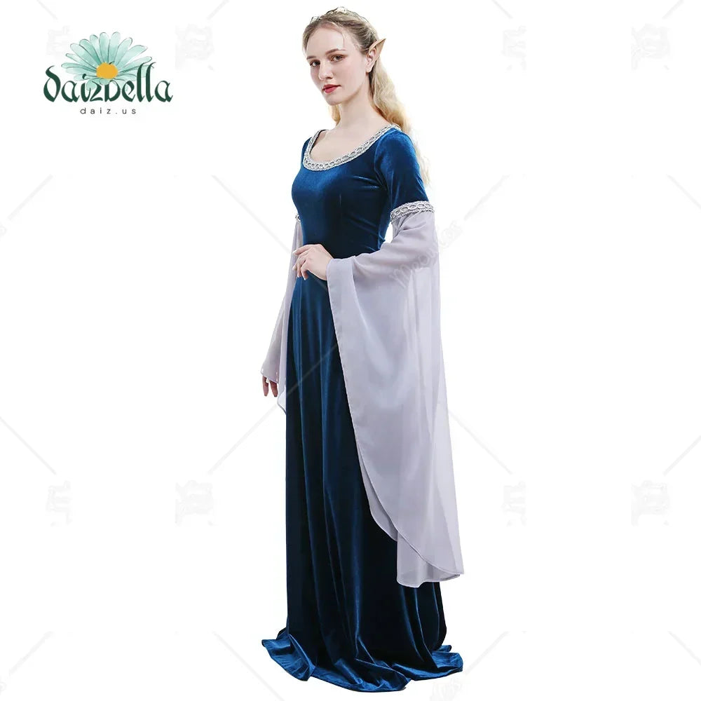 Side view of a dark blue velvet medieval dress with silver embroidery and long flowing sleeves.