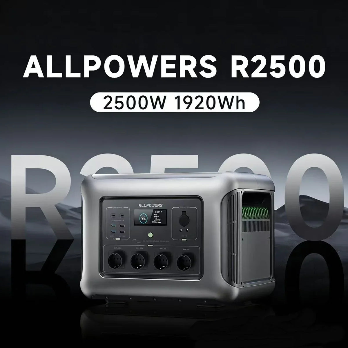 Portable power station on a dark background with power capacity details
