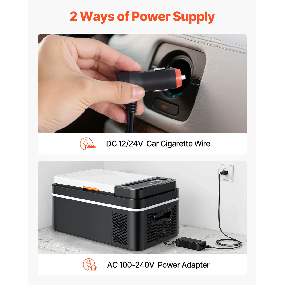 Portable car refrigerator showing two ways of power supply via car lighter or wall outlet
