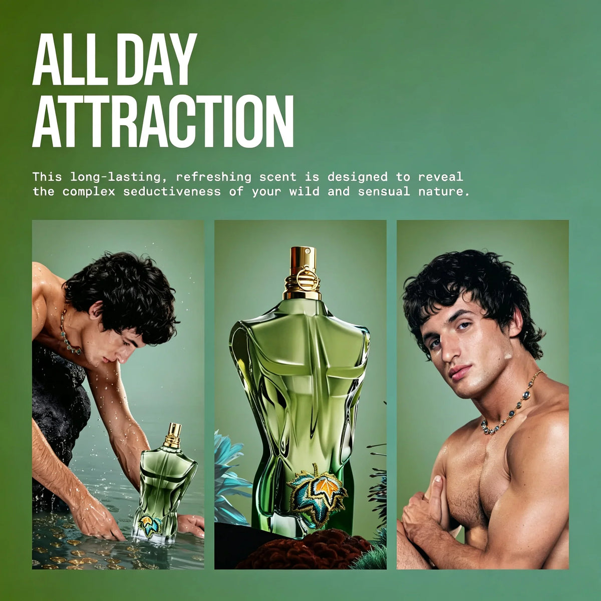 Collage showing a man by water, the perfume bottle, and the man posing, with promotional text.