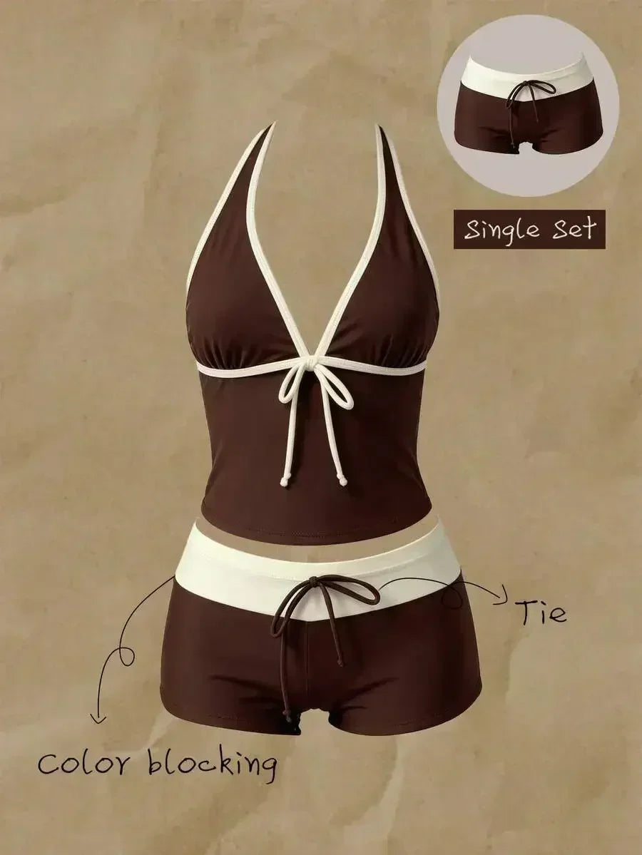 Bikini set in brown with white trim including halter top and high waisted bottoms with tie detail