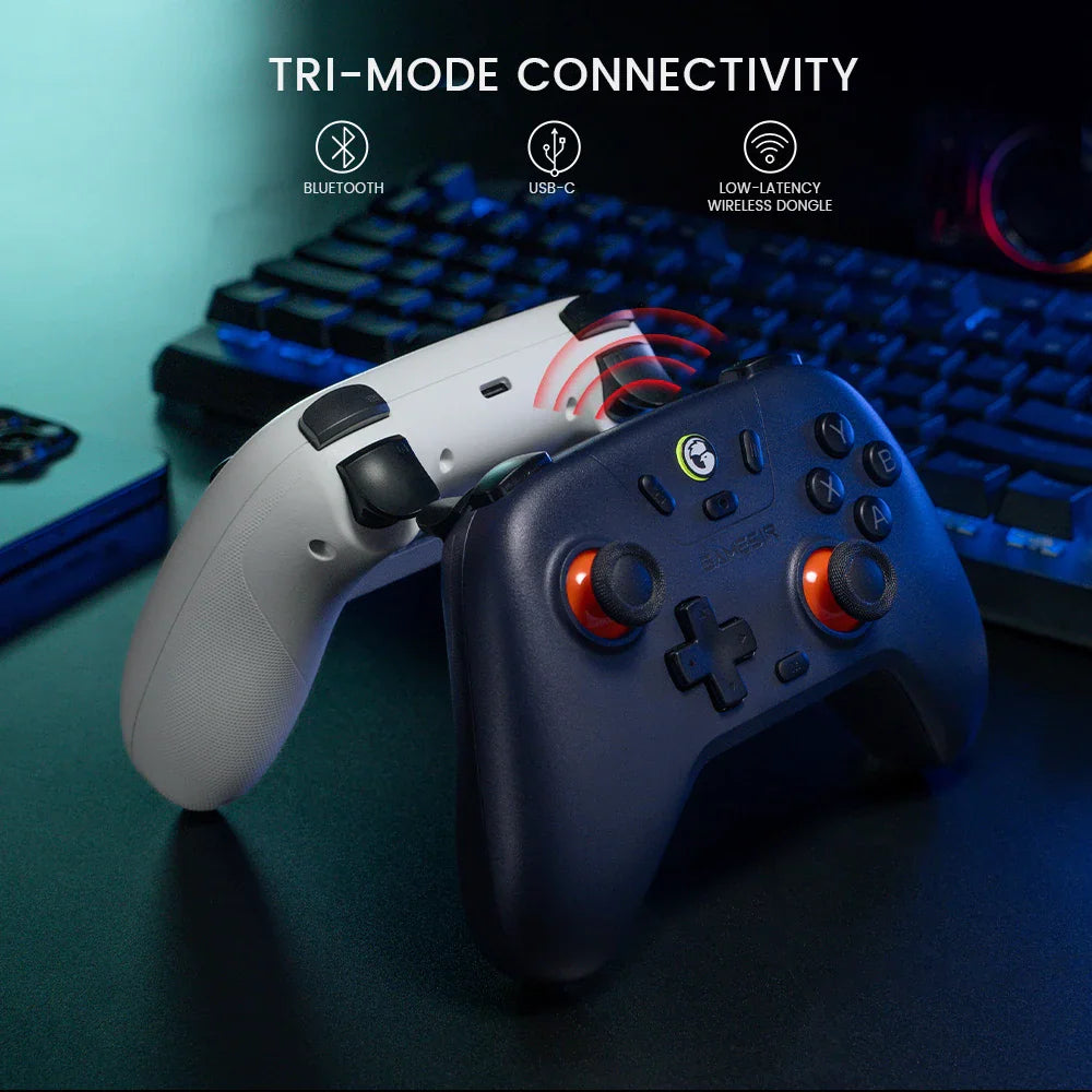Wireless gaming controller showing tri-mode connectivity features for Bluetooth, USB-C, and wireless dongle