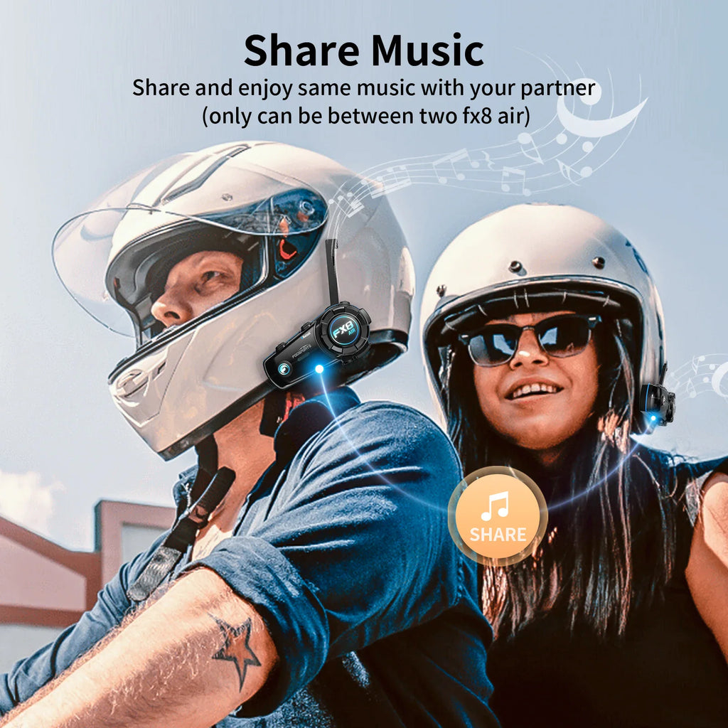 Two people on a motorcycle wearing helmets equipped with Bluetooth intercoms to share music together.