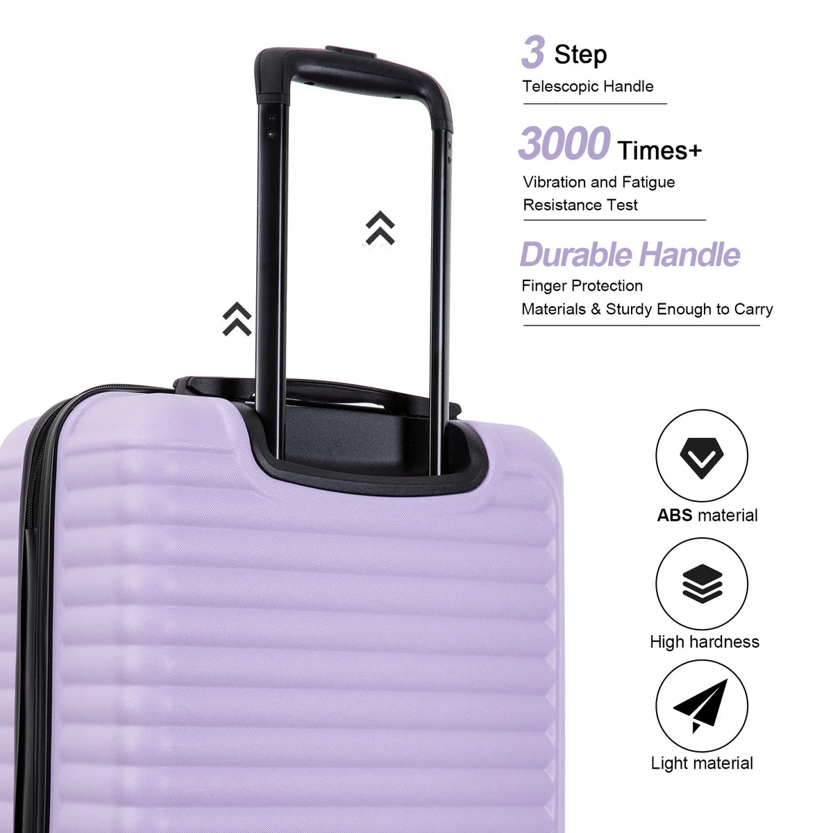 Purple suitcase features showing telescoping handle mechanism and material icons