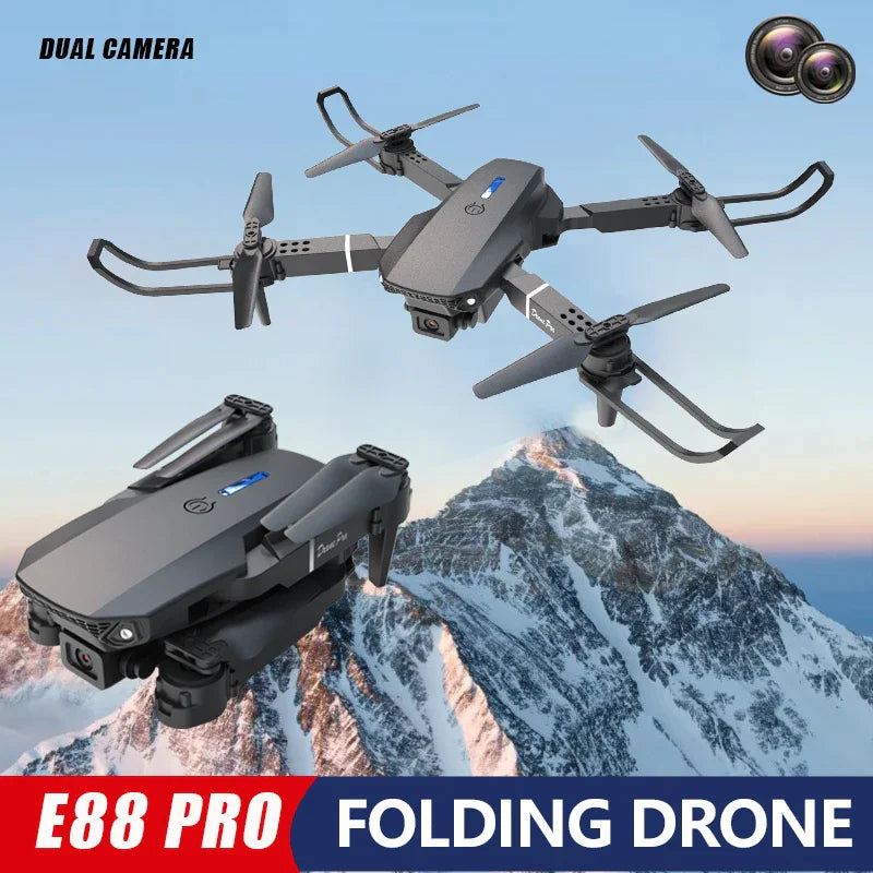 A composition showing a black drone in flight and folded, with text describing it as a folding drone.