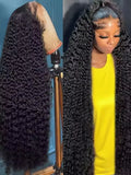 Long deep wave black human hair wig on a mannequin head and on a model wearing a yellow shirt