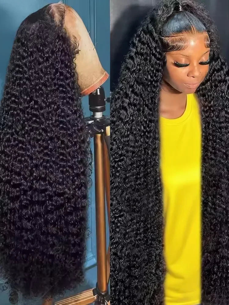 Long deep wave black human hair wig on a mannequin head and on a model wearing a yellow shirt