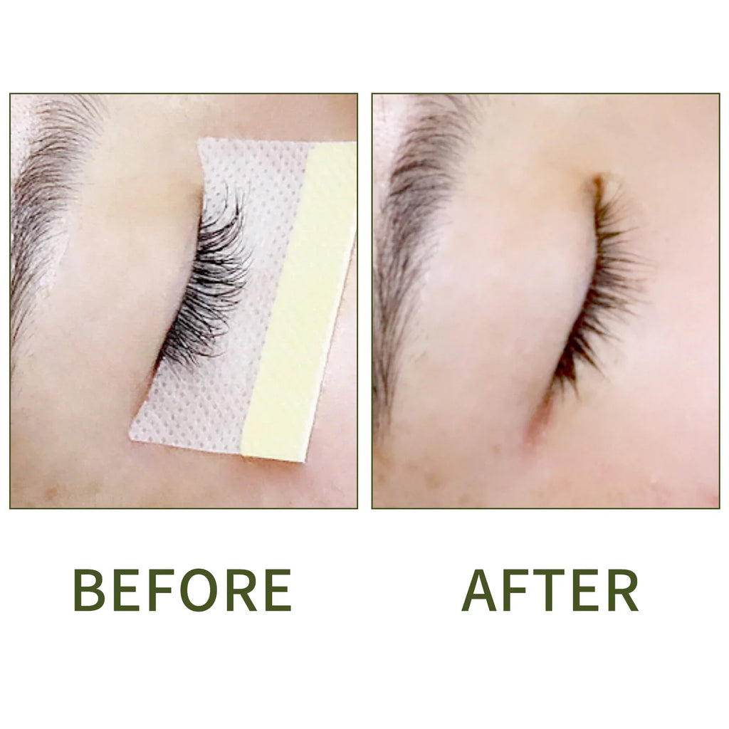 Before and after comparison of eyelash extensions being removed with cream.