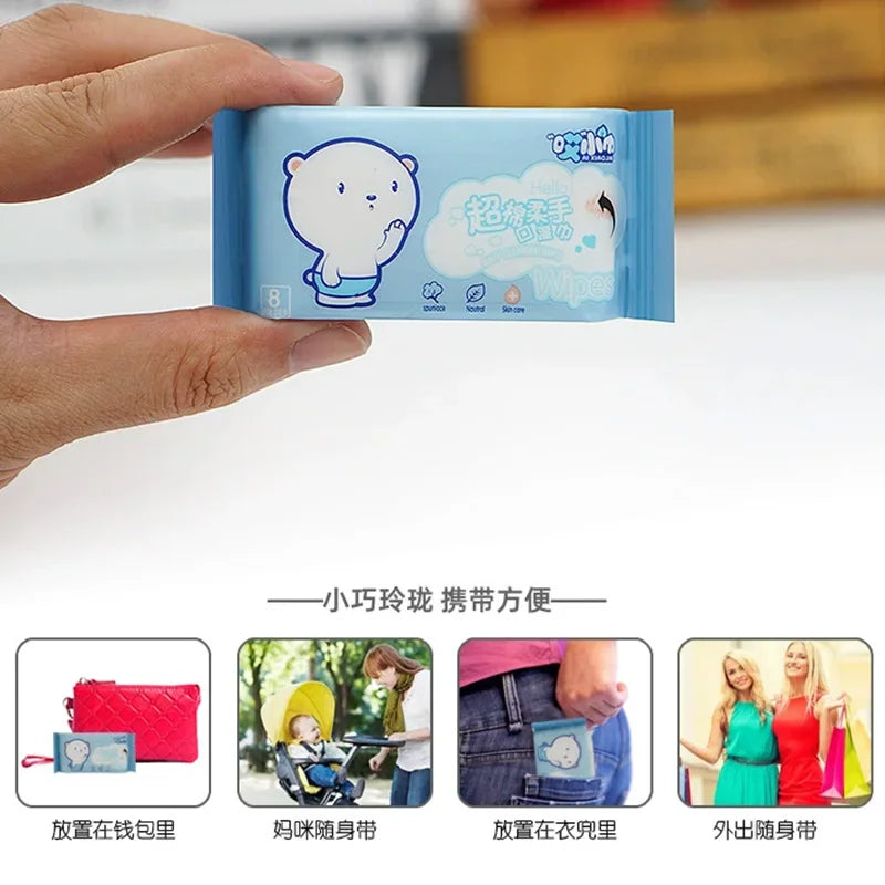 Travel-size wet wipe pack shown in various scenarios like pockets, purses, and strollers.