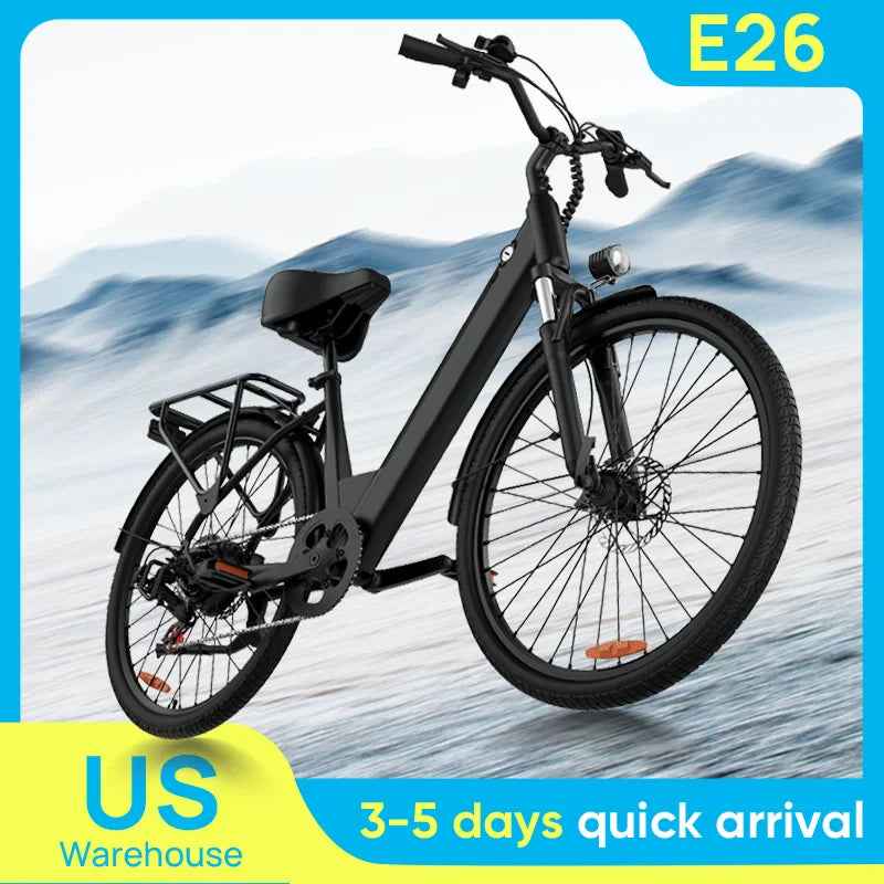 Black electric commuter bicycle with 26-inch wheels