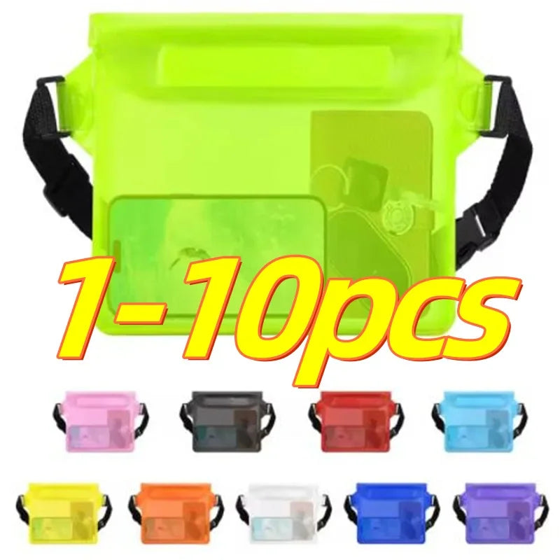 A collection of multi-colored transparent waterproof waist bags holding mobile phones