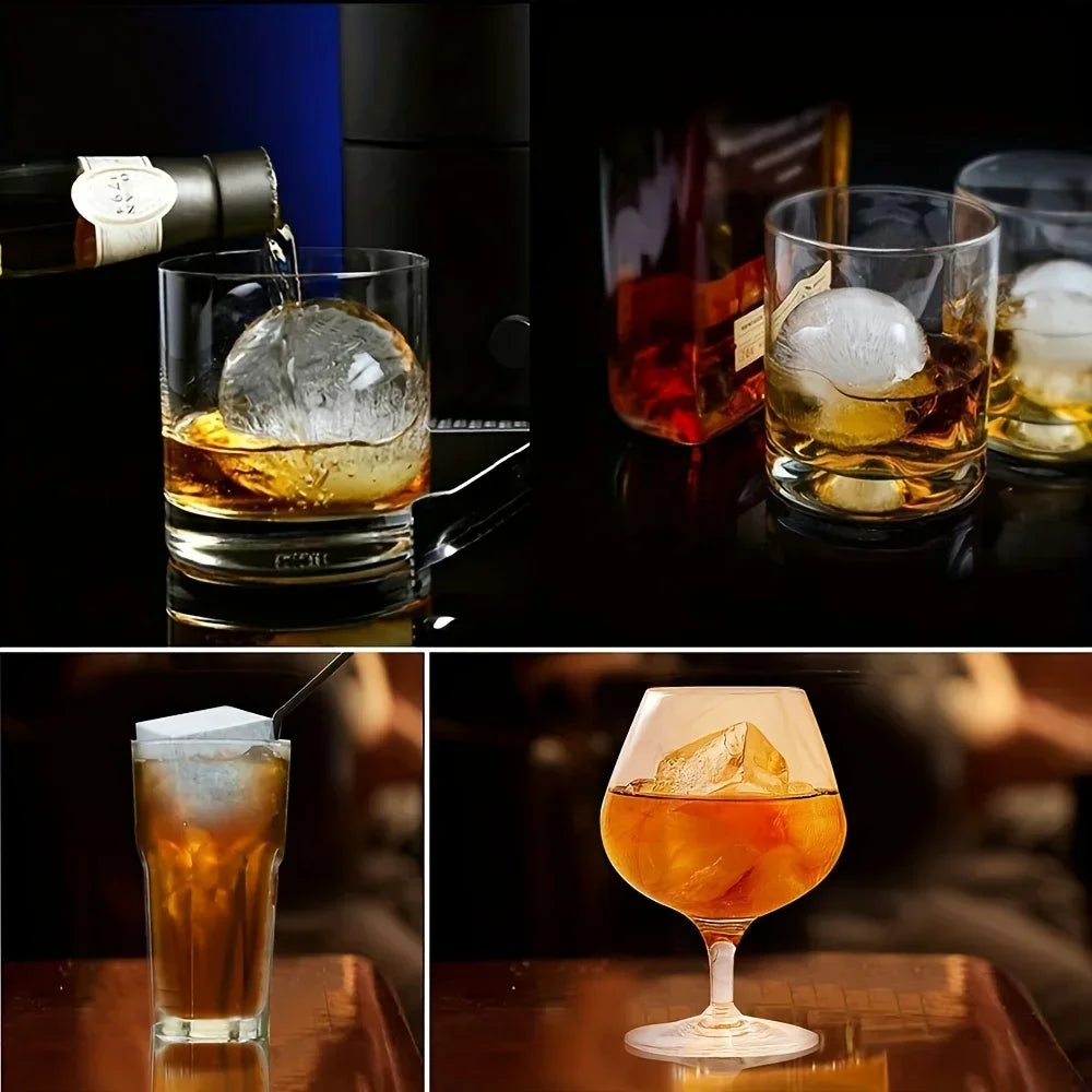 Various cocktails and drinks served with large ice spheres and cubes
