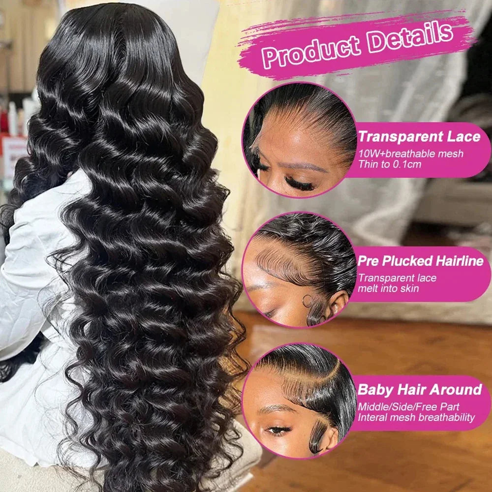 Long deep wave black human hair wig with highlighted product details like transparent lace and pre-plucked hairline