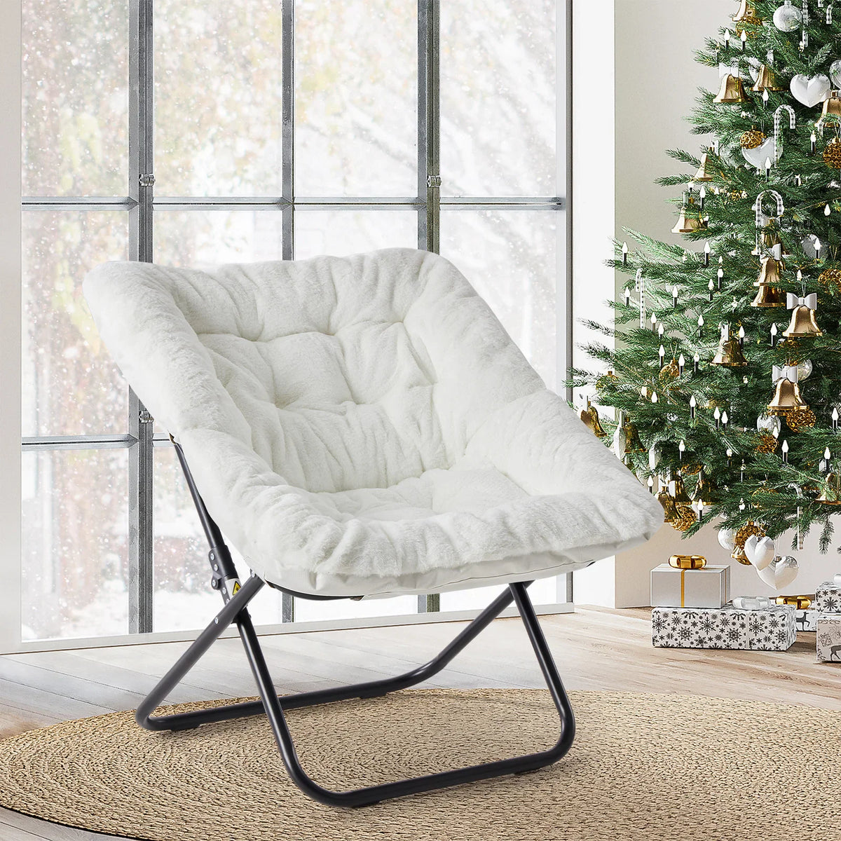White faux fur folding saucer chair in a cozy living room with Christmas decor