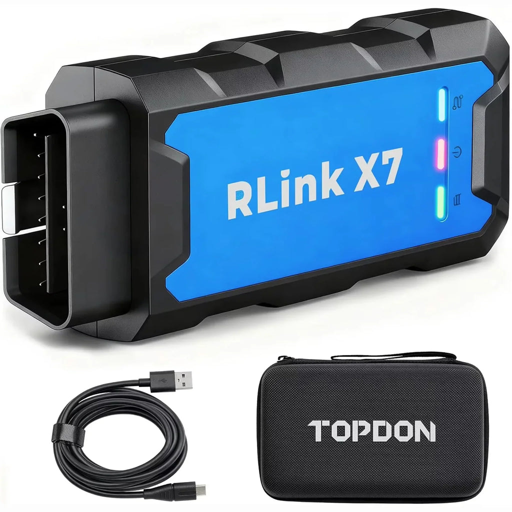 A black and blue automotive diagnostic scan tool with a connection cable and carrying case.
