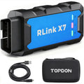 A black and blue automotive diagnostic scan tool with a connection cable and carrying case.