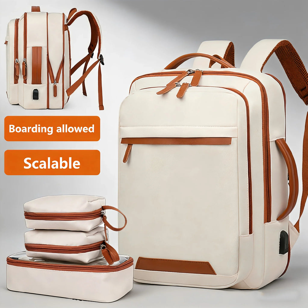 Expandable beige commuter backpack with brown accents and matching accessory pouches