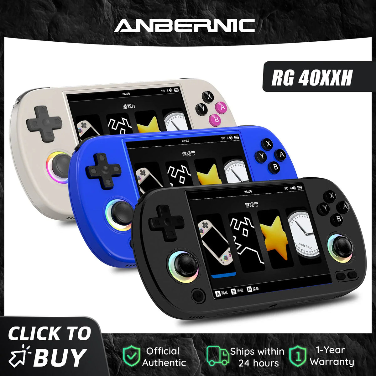 Retro handheld game console available in black, white, and blue models