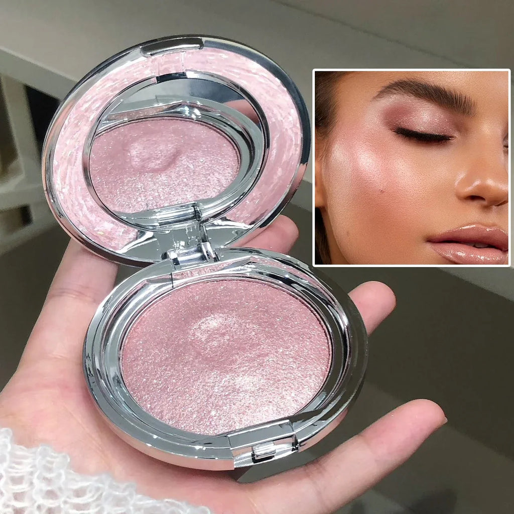 Pink shimmer highlighter compact and a model wearing the product on her cheekbones
