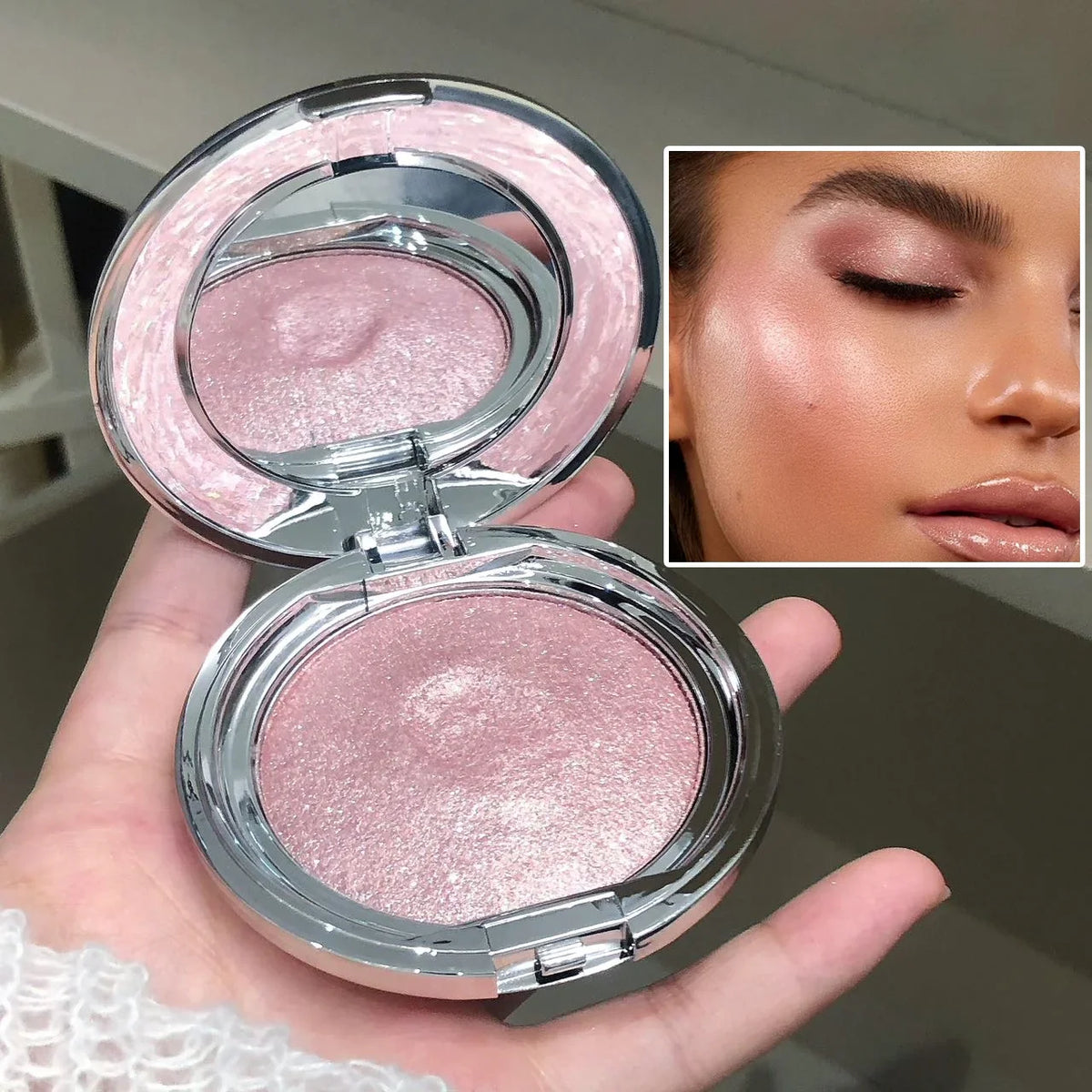 Pink shimmer highlighter compact and a model wearing the product on her cheekbones