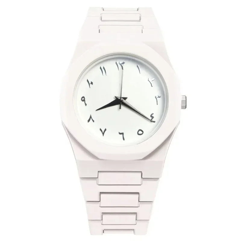 A quartz wristwatch with an irregular 40mm plastic case and a silicone band available in five colors – WHITE