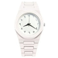 A quartz wristwatch with an irregular 40mm plastic case and a silicone band available in five colors – WHITE