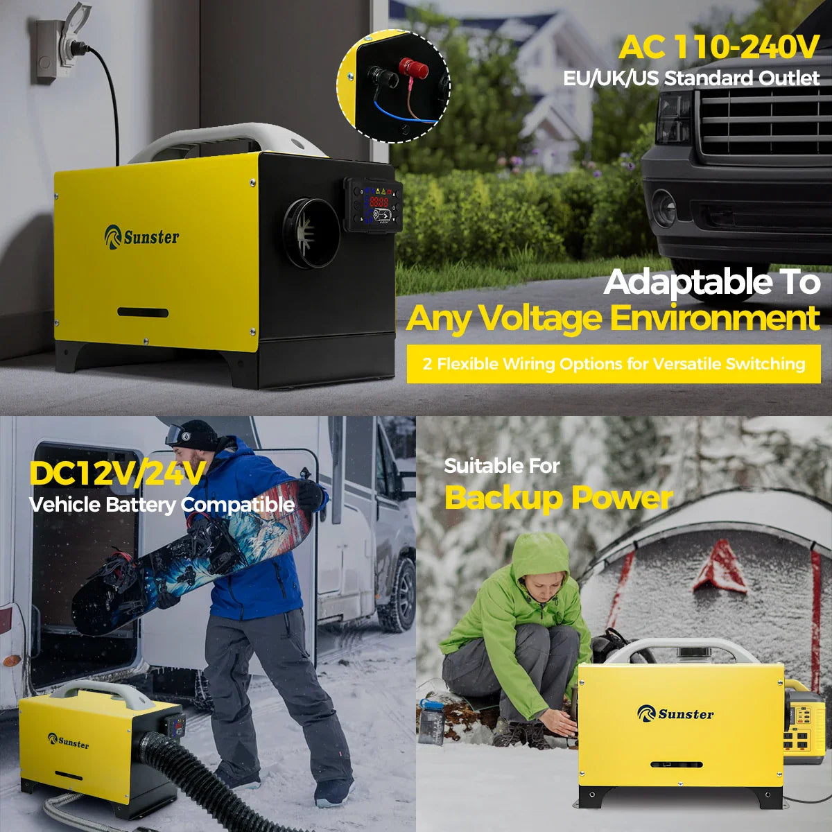 Portable diesel heater used for RV, camping and indoor heating, shown with power options