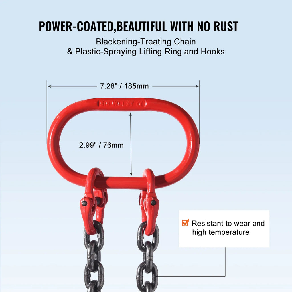 Close-up of the red master link of a lifting chain sling with technical measurements