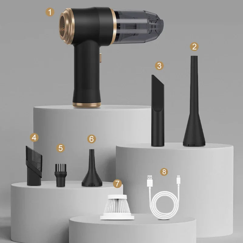 Numbered components of a handheld vacuum cleaner and its accessories displayed on white pedestals.