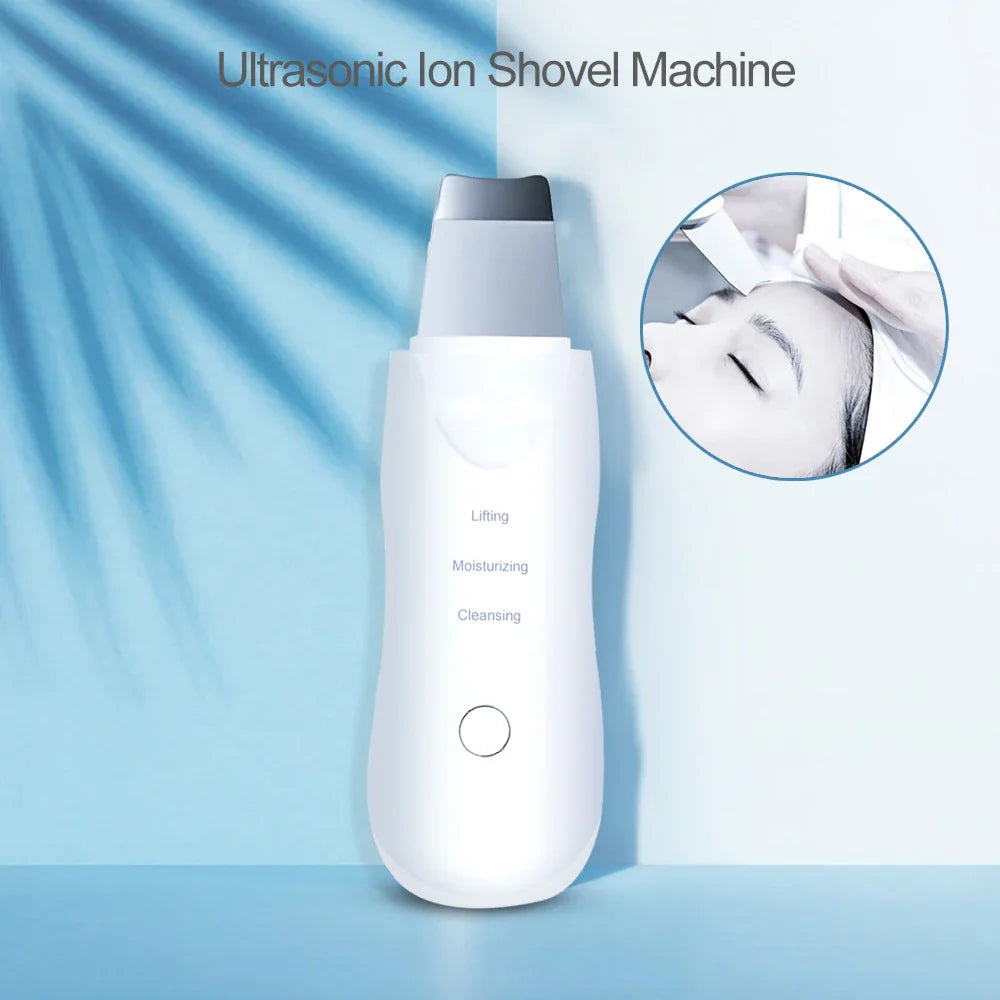 White ultrasonic facial skin scrubber placed on a blue background