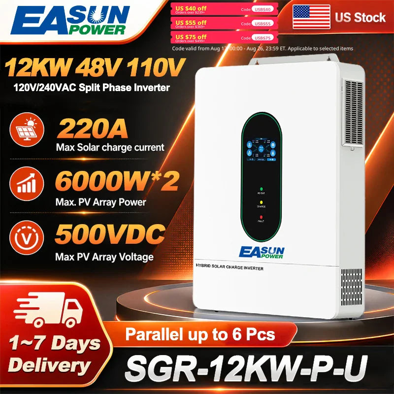 12KW split phase solar inverter unit with technical specifications and promotional shipping details