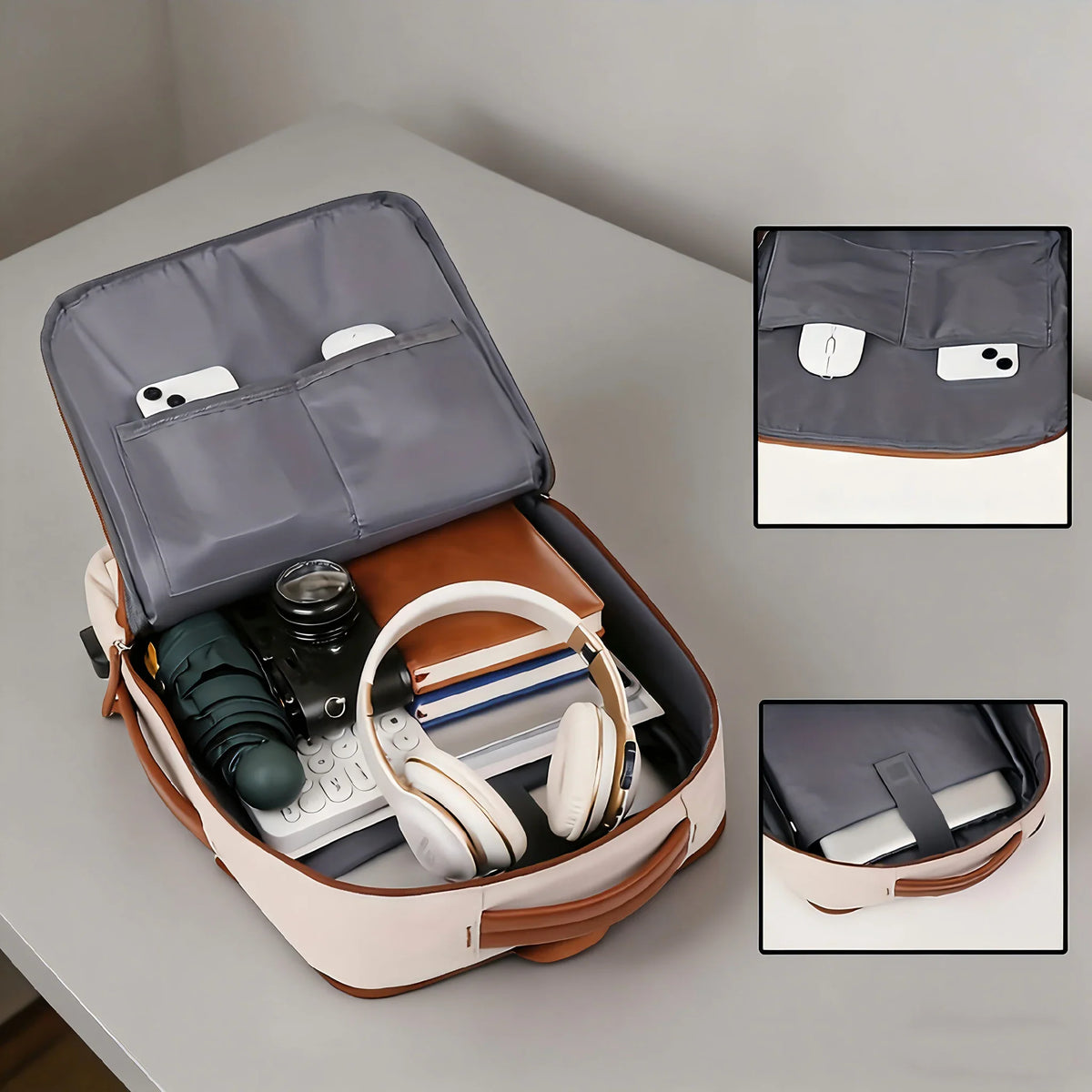 Interior view of an open laptop backpack with compartments for tech gadgets and personal items.