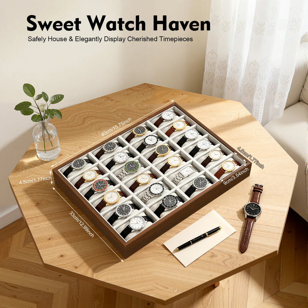 Wooden 24-slot watch display case on a table with dimension labels