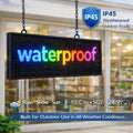 LED sign for storefront displaying scrolling message in multicolour lights, IP45 weatherproof