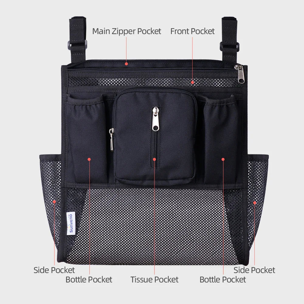 Front view of a black stroller organizer bag with labels pointing out the various storage pockets