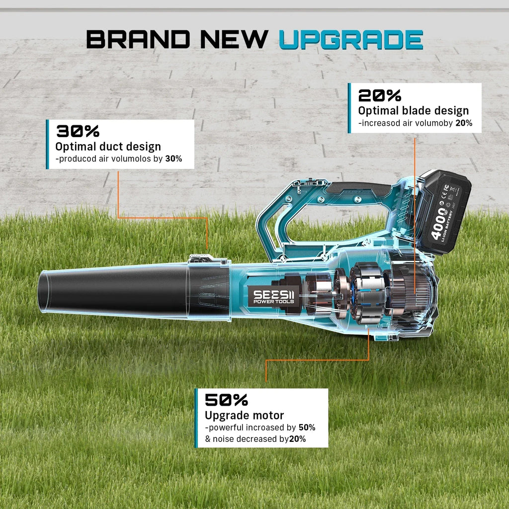 Technical diagram of a teal cordless leaf blower illustrating motor and duct efficiency upgrades.