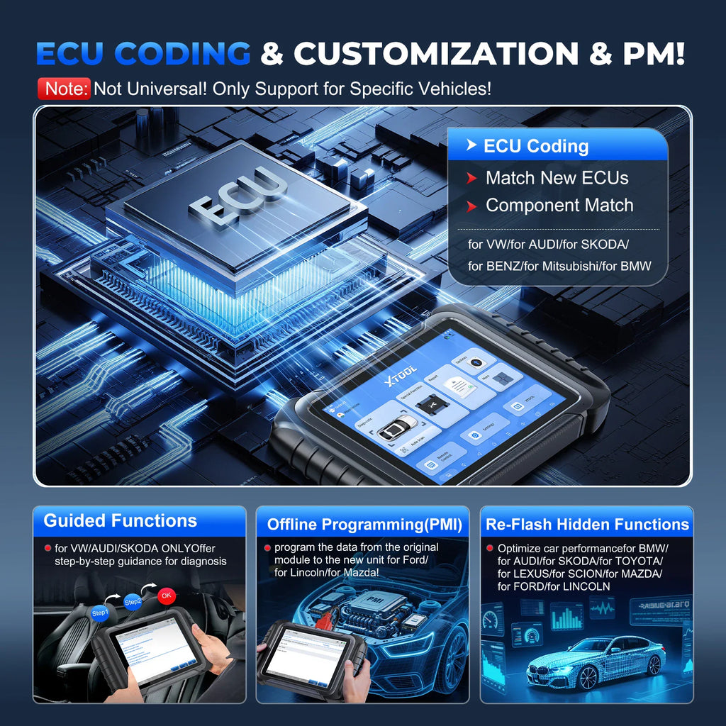 Automotive diagnostic tool performing ECU coding, PM programming and hidden function adjustments on various car systems.